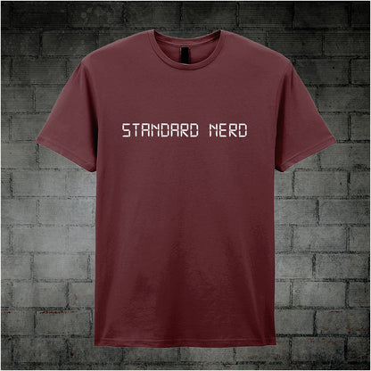 maroon unisex T-shirt featuring the phrase 'Standard Nerd' from The IT Crowd
