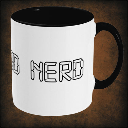 Two-tone ceramic mug featuring 'Standard Nerd' design inspired by The IT Crowd, wrap-around print, right hand side dishwasher and microwave safe, perfect geek comedy gift.
