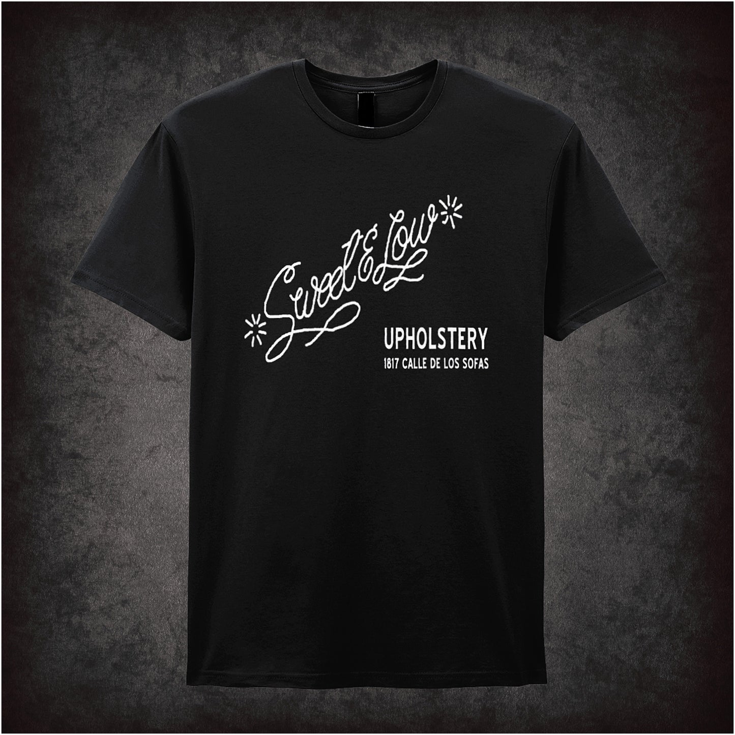 Shop Sweet & Low Upholstery Cheech and Chong inspired black T-shirt with classic comedy design. Soft, unisex, and perfect for fans of vintage humour!