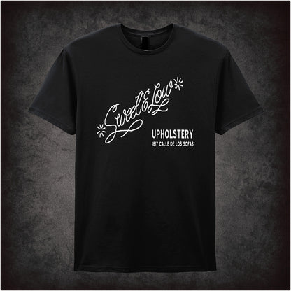 Shop Sweet & Low Upholstery Cheech and Chong inspired black T-shirt with classic comedy design. Soft, unisex, and perfect for fans of vintage humour!