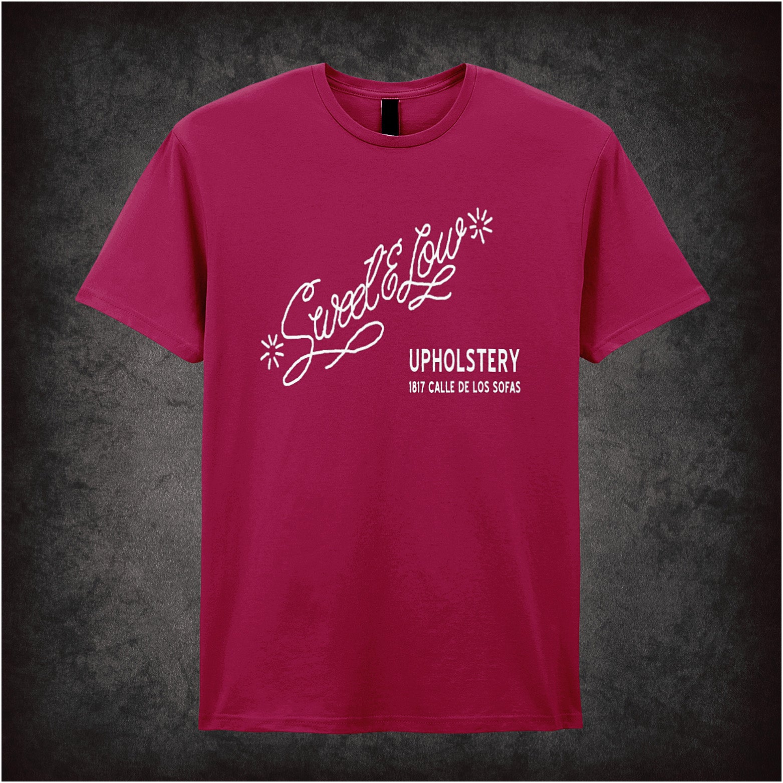 Shop Sweet & Low Upholstery Cheech and Chong inspired cardinal red T-shirt with classic comedy design. Soft, unisex, and perfect for fans of vintage humour!