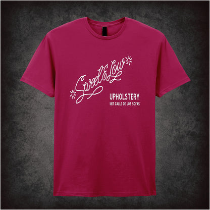 Shop Sweet & Low Upholstery Cheech and Chong inspired cardinal red T-shirt with classic comedy design. Soft, unisex, and perfect for fans of vintage humour!