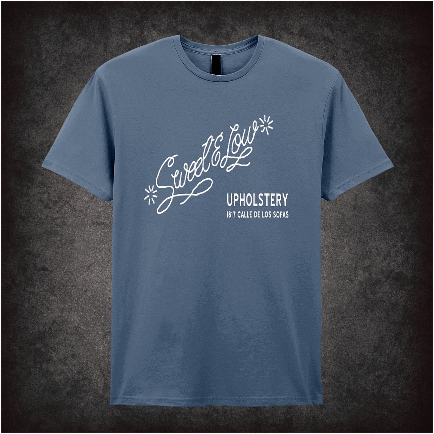 Shop Sweet & Low Upholstery Cheech and Chong inspired indigo T-shirt with classic comedy design. Soft, unisex, and perfect for fans of vintage humour!