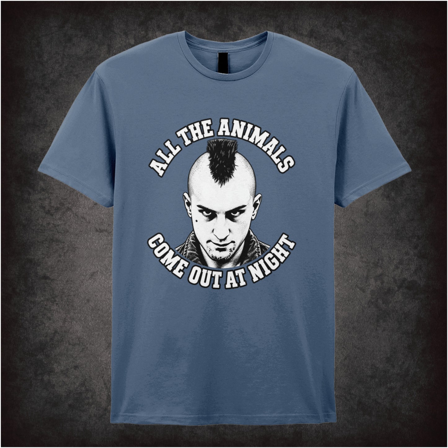 All the animals come out at night Travis Bickle T-shirt in indigo from Taxi Driver