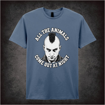 All the animals come out at night Travis Bickle T-shirt in indigo from Taxi Driver
