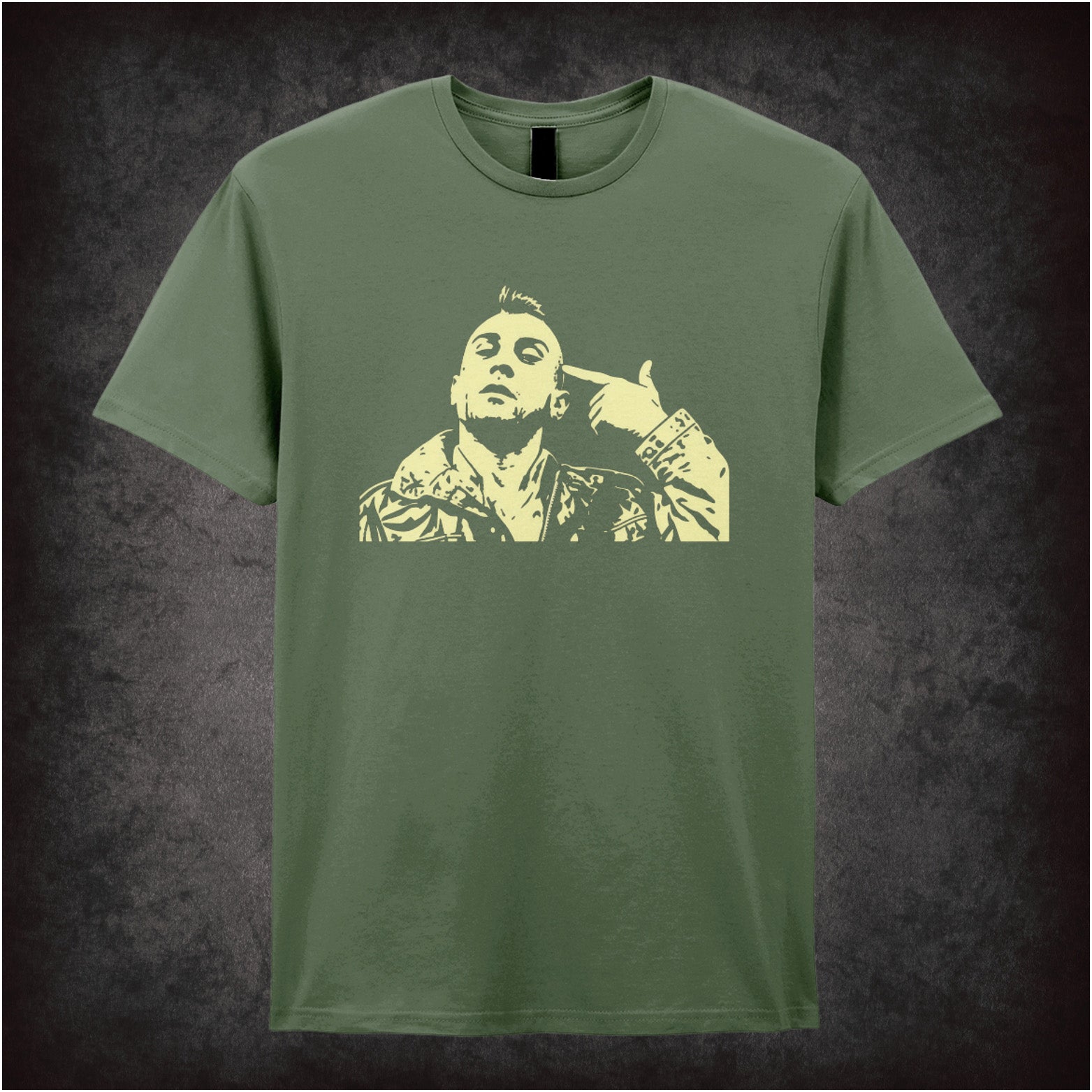 Travis Bickle “you talkin’ to me?” silhouette T-shirt in military green from Taxi Driver