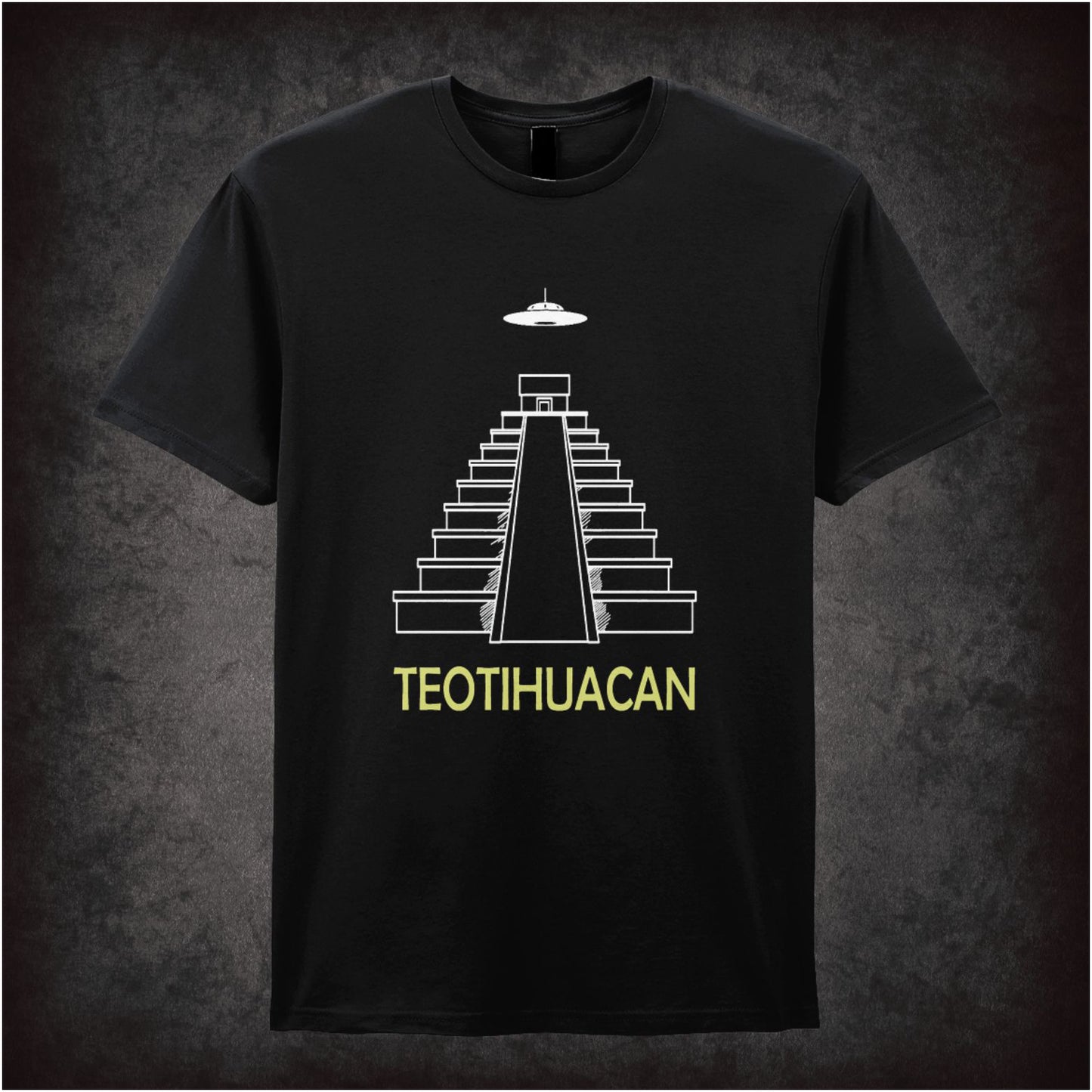 Teotihuacan pyramid with UFO minimalist line art T-shirt