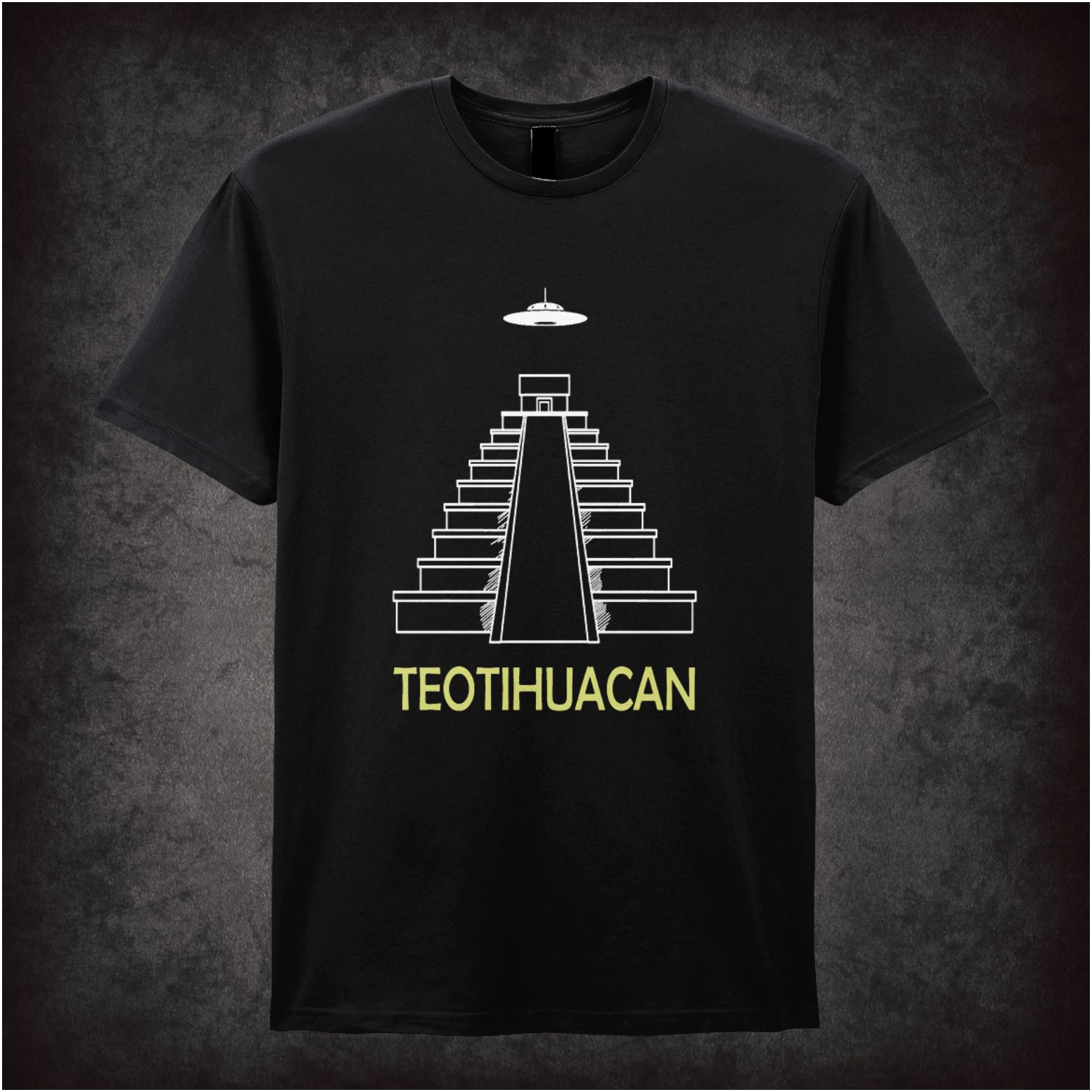 Teotihuacan pyramid with UFO minimalist line art T-shirt