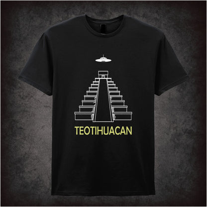 Teotihuacan pyramid with UFO minimalist line art T-shirt