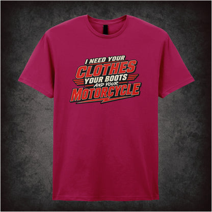 ‘I need your clothes, your boots and your motorcycle’ quote T-shirt  in cardinal red from The Terminator