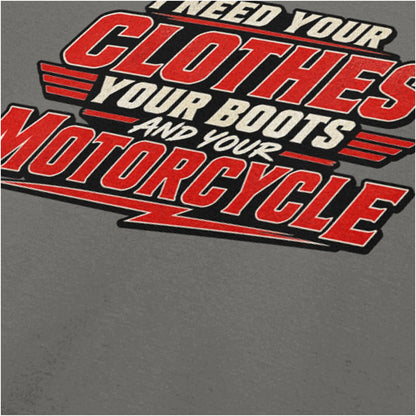 ‘I need your clothes, your boots and your motorcycle’ quote close up T-shirt  in charcoal from The Terminator