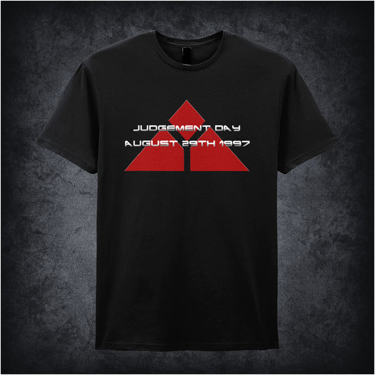 Black unisex t-shirt featuring the Cyberdyne Systems logo with the text “Judgement Day August 29th 1997” from the movie Terminator, displayed in bold, futuristic lettering.
