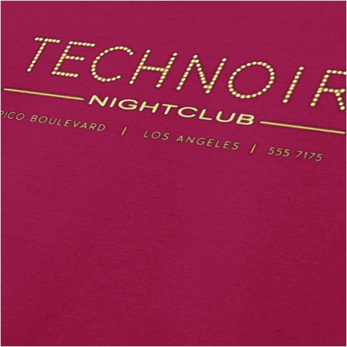 Tech Noir nightclub marquee logo close up T-shirt in cardinal red from The Terminator