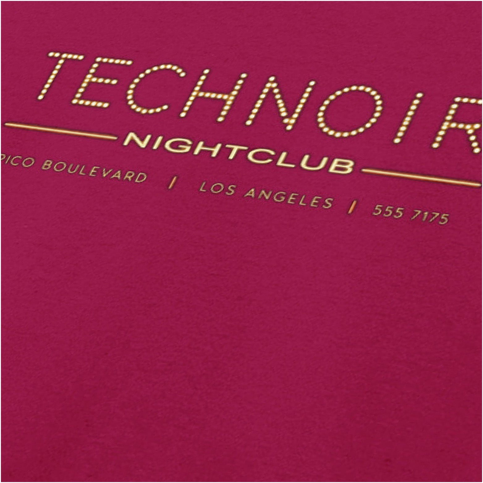 Tech Noir nightclub marquee logo close up T-shirt in cardinal red from The Terminator