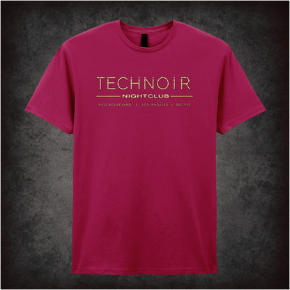 Tech Noir nightclub marquee logo T-shirt in cardinal red from The Terminator