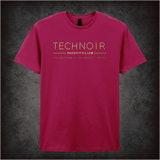 Tech Noir nightclub marquee logo T-shirt in cardinal red from The Terminator
