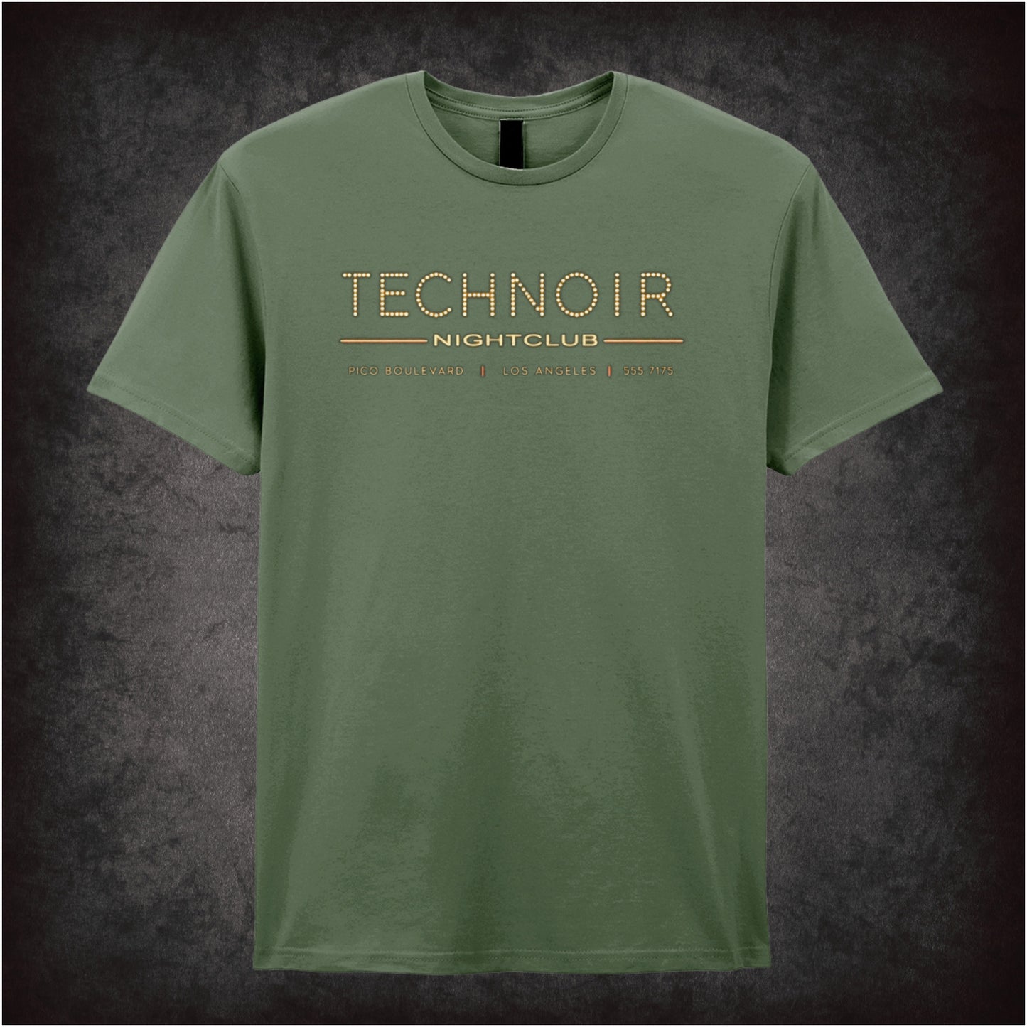 Tech Noir nightclub marquee logo T-shirt in military green from The Terminator