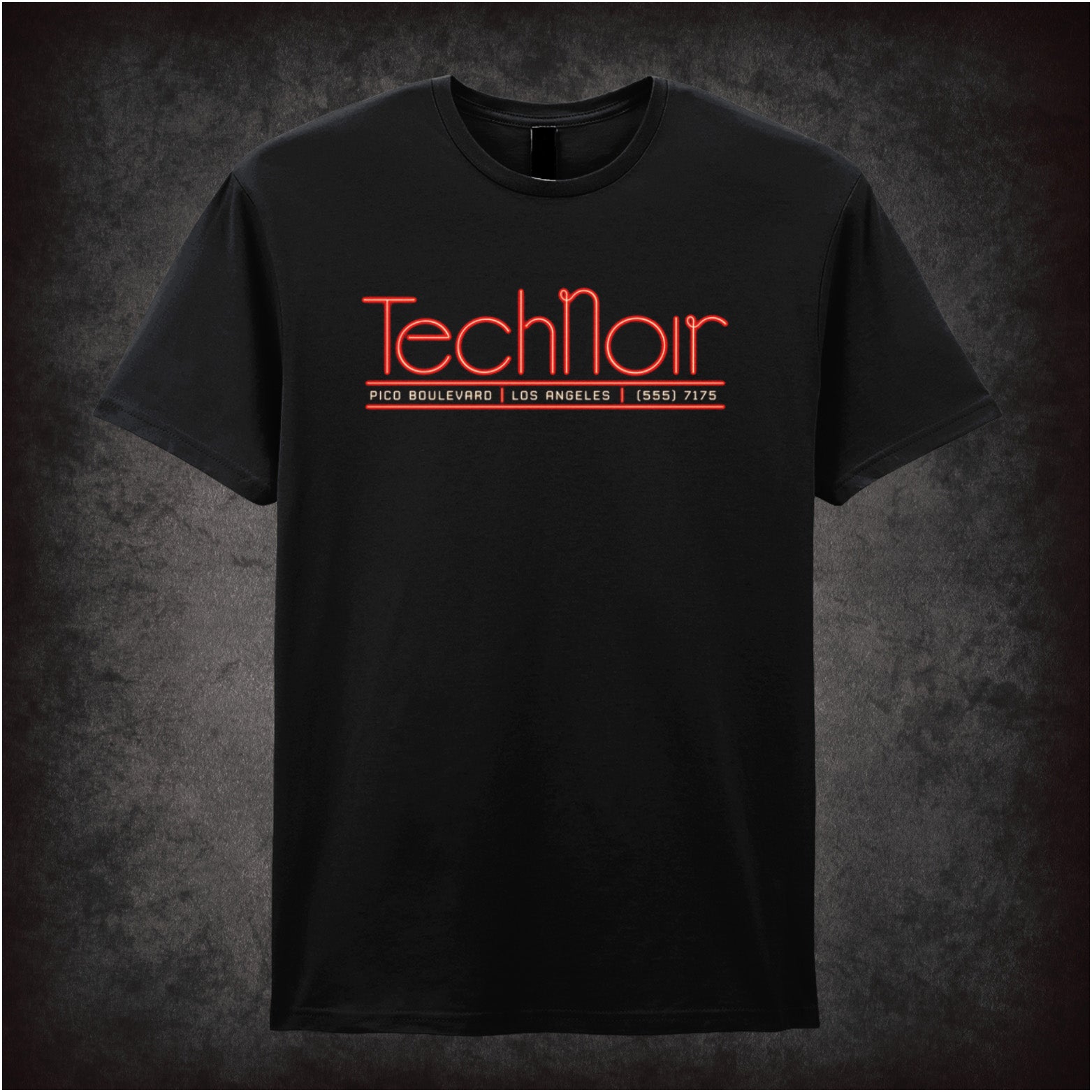 Tech Noir nightclub neon graphic T-shirt in black inspired by The Terminator