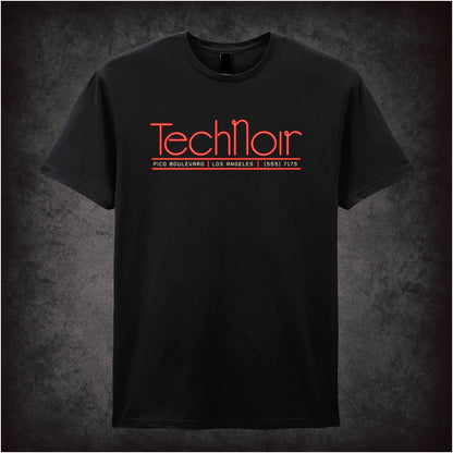 Tech Noir nightclub neon graphic T-shirt in black inspired by The Terminator