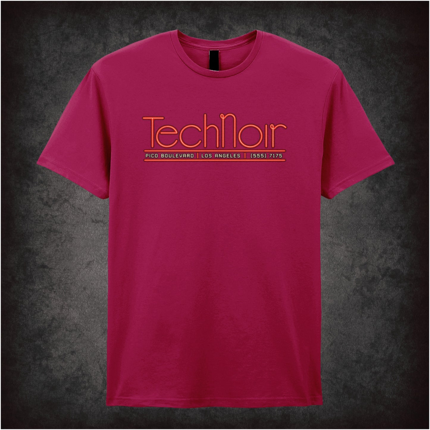 Tech Noir nightclub neon graphic T-shirt in cardinal red inspired by The Terminator