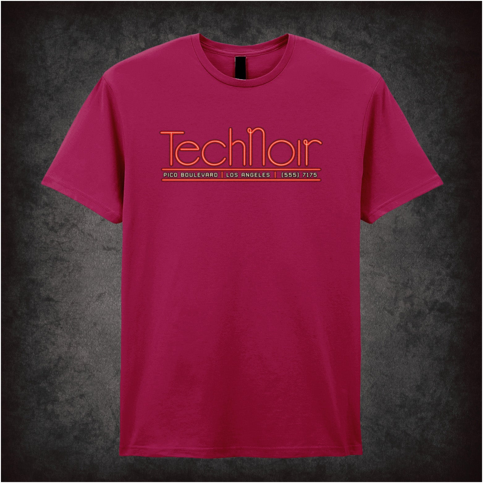 Tech Noir nightclub neon graphic T-shirt in cardinal red inspired by The Terminator