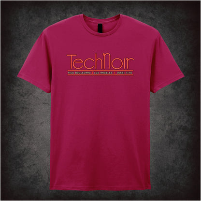 Tech Noir nightclub neon graphic T-shirt in cardinal red inspired by The Terminator