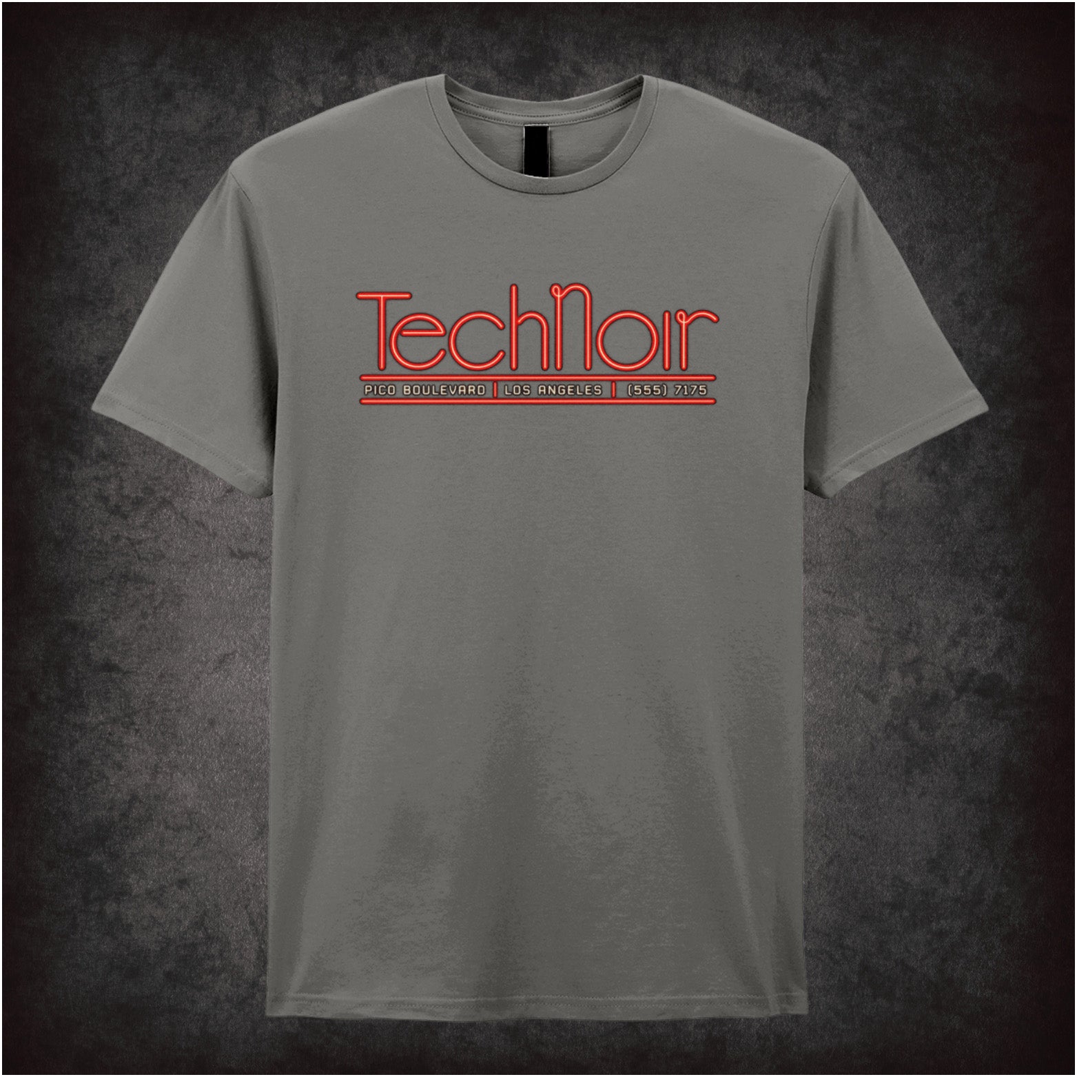 Tech Noir nightclub neon graphic T-shirt in charcoal inspired by The Terminator