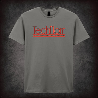 Tech Noir nightclub neon graphic T-shirt in charcoal inspired by The Terminator