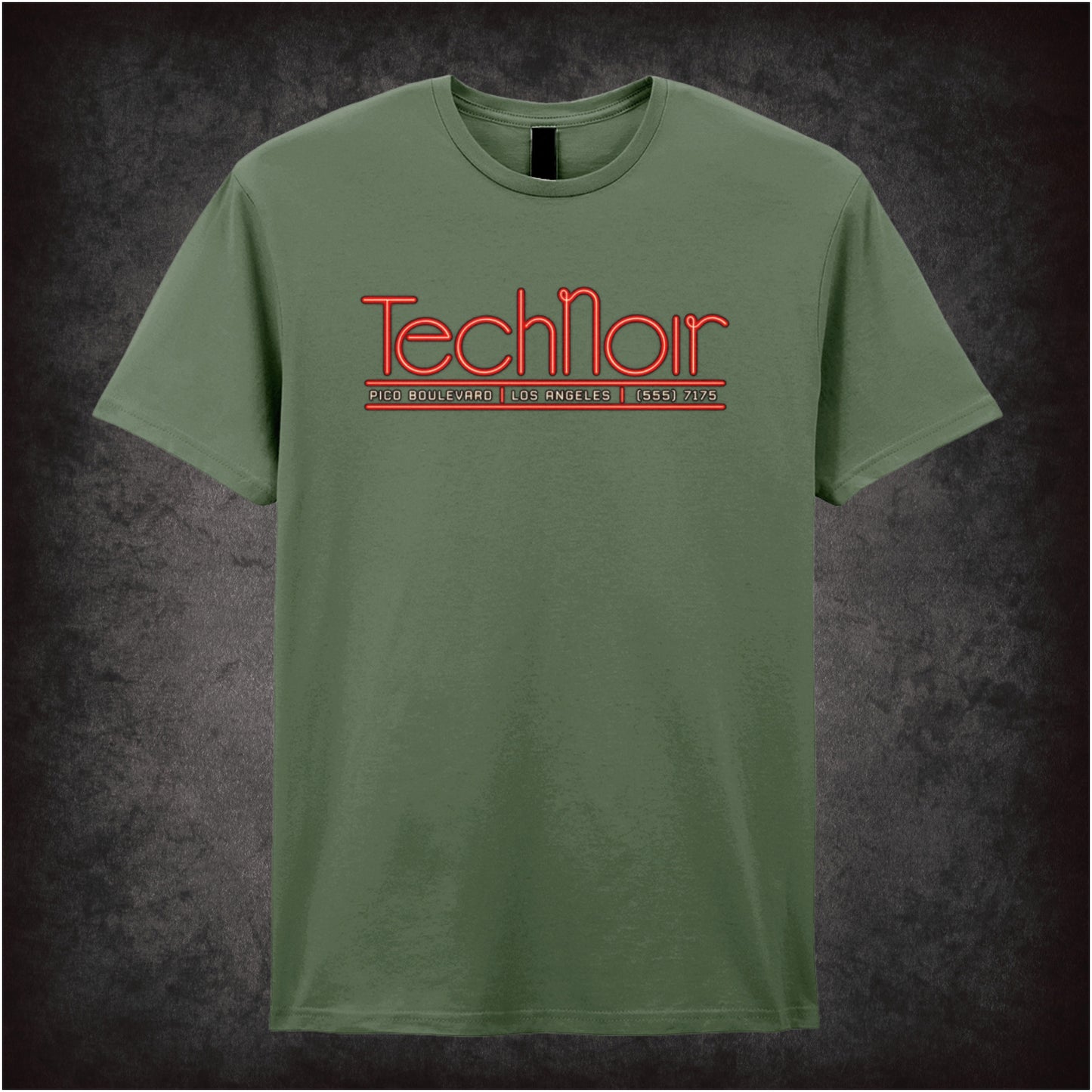Tech Noir nightclub neon graphic T-shirt in military green inspired by The Terminator