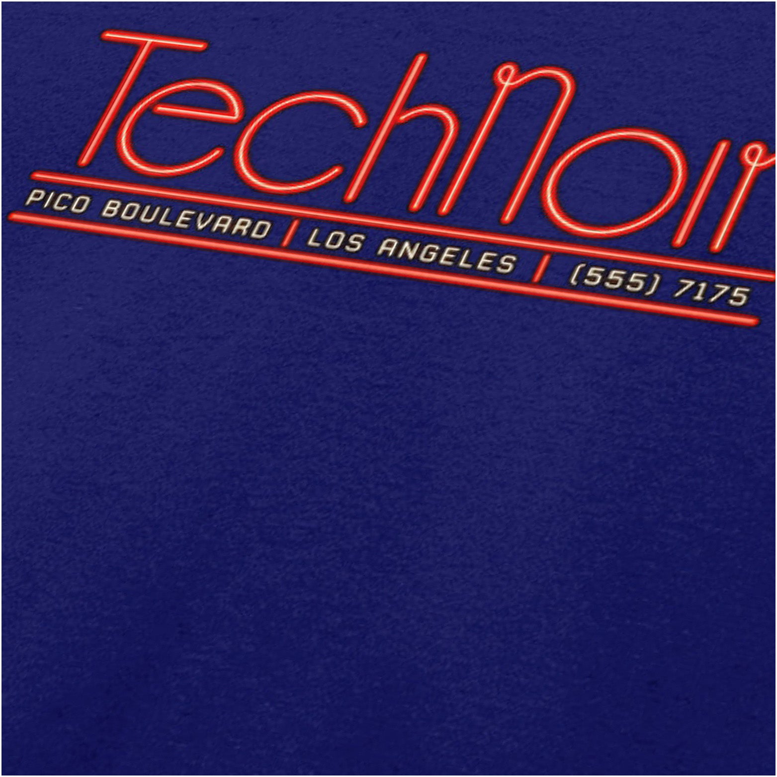 Tech Noir nightclub neon graphic close up T-shirt in navy inspired by The Terminator