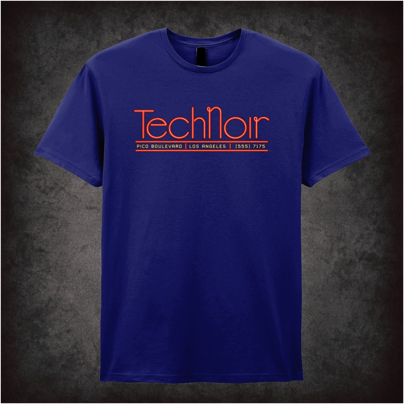 Tech Noir nightclub neon graphic T-shirt in navy inspired by The Terminator
