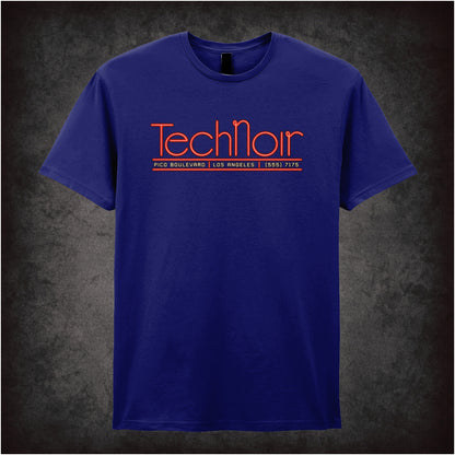Tech Noir nightclub neon graphic T-shirt in navy inspired by The Terminator