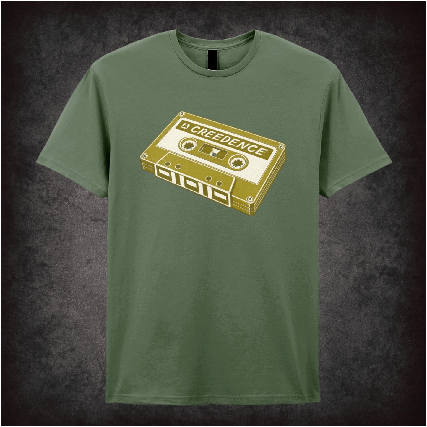 Creedence cassette tape T-shirt in military green from The Big Lebowski