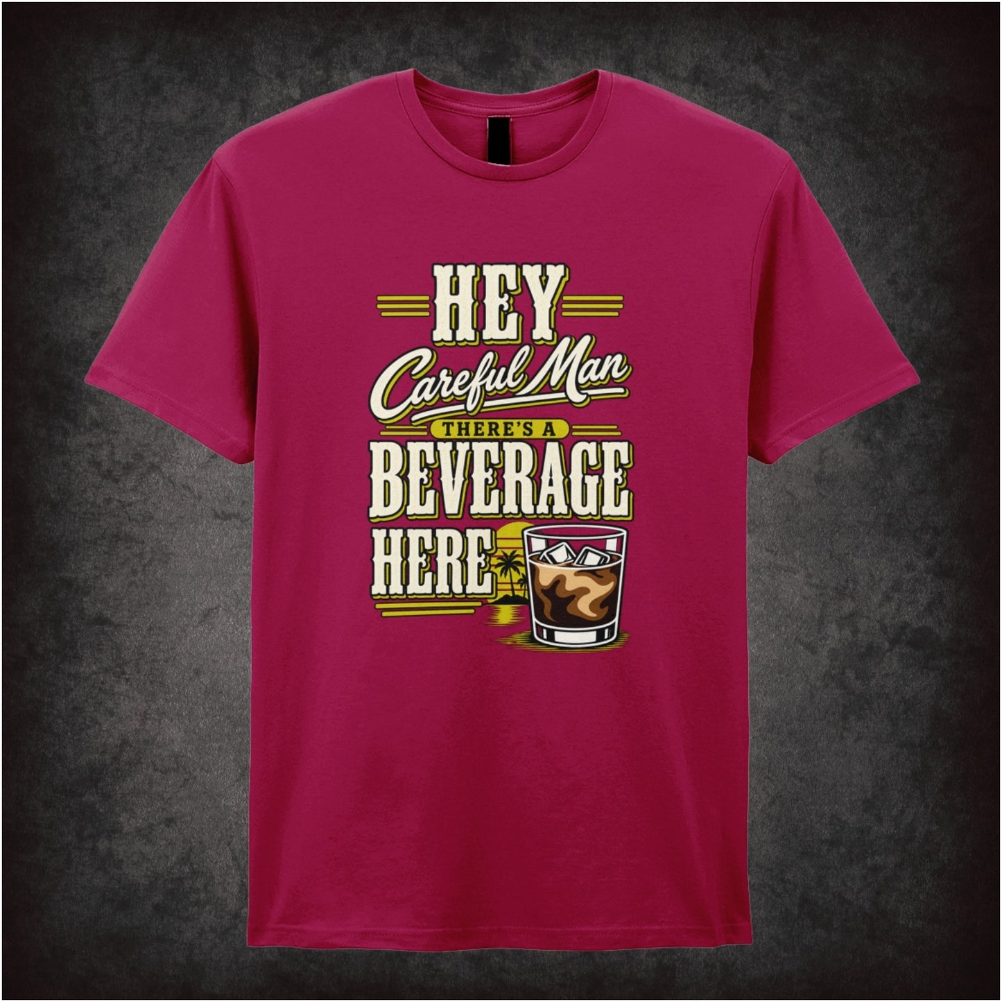 ‘Hey careful man, there’s a beverage here!’ quote T-shirt in cardinal red from The Big Lebowski