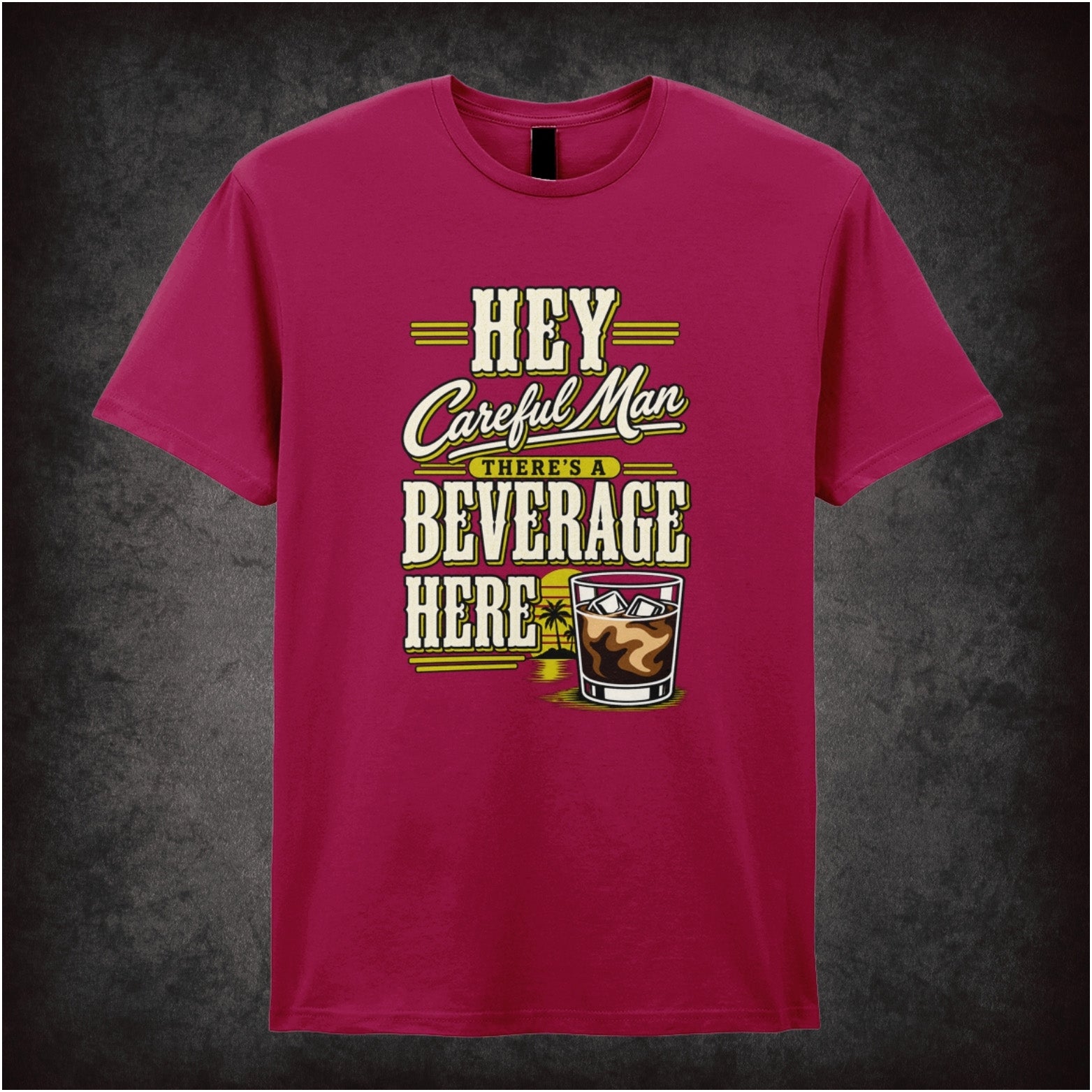 ‘Hey careful man, there’s a beverage here!’ quote T-shirt in cardinal red from The Big Lebowski
