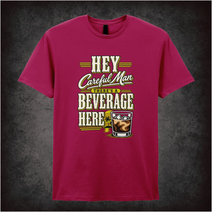 ‘Hey careful man, there’s a beverage here!’ quote T-shirt in cardinal red from The Big Lebowski