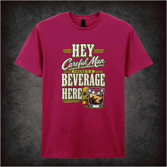 ‘Hey careful man, there’s a beverage here!’ quote T-shirt in cardinal red from The Big Lebowski