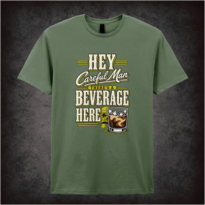 ‘Hey careful man, there’s a beverage here!’ quote T-shirt in military green from The Big Lebowski