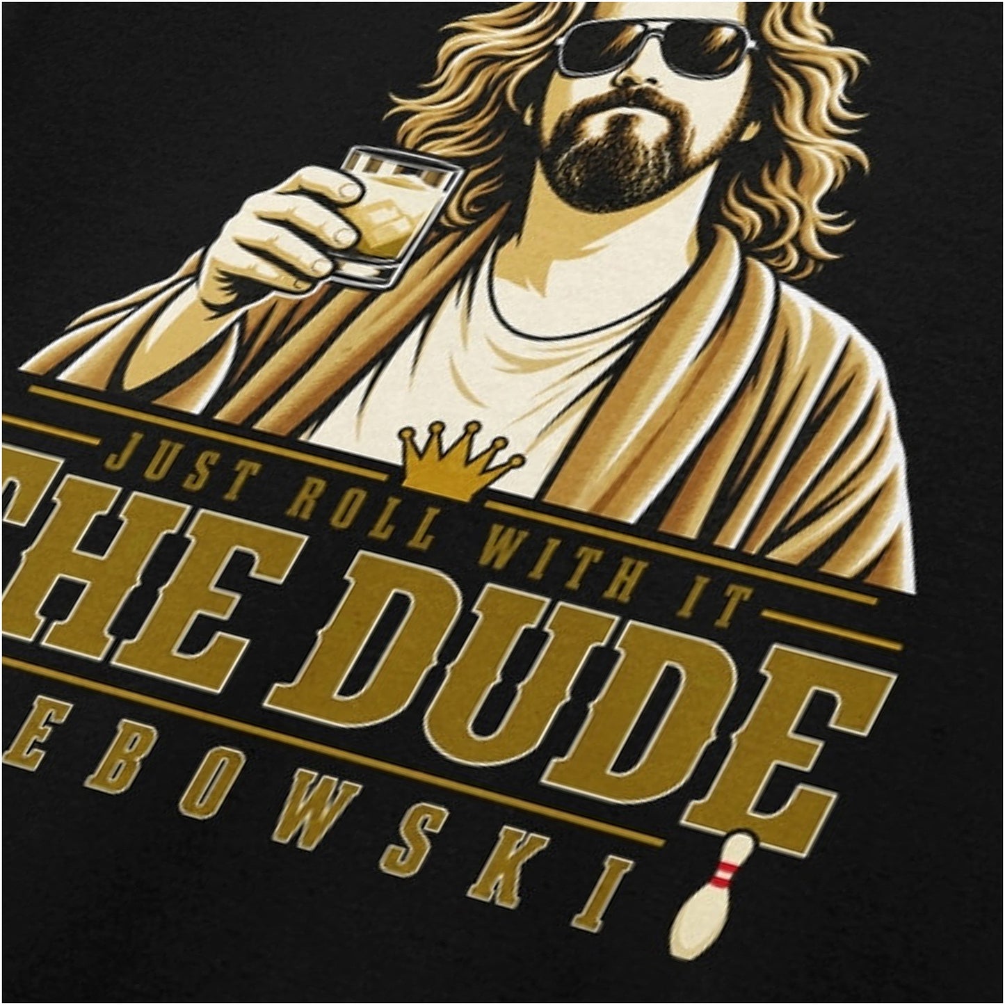 Just Roll With It The Dude close up T-shirt in black from The Big Lebowski