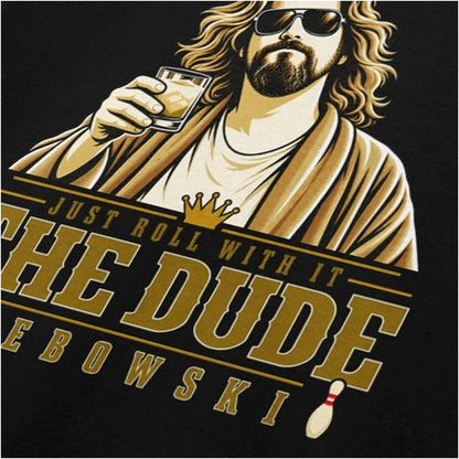 Just Roll With It The Dude close up T-shirt in black from The Big Lebowski