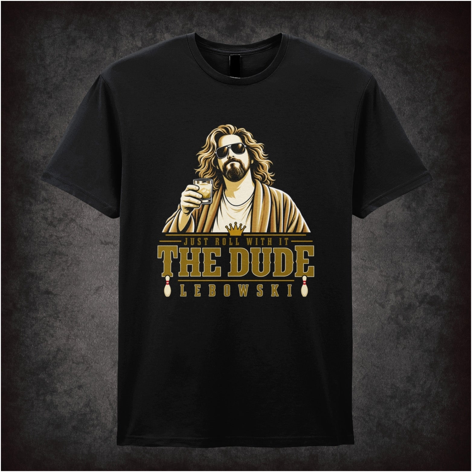 Just Roll With It The Dude T-shirt in black from The Big Lebowski