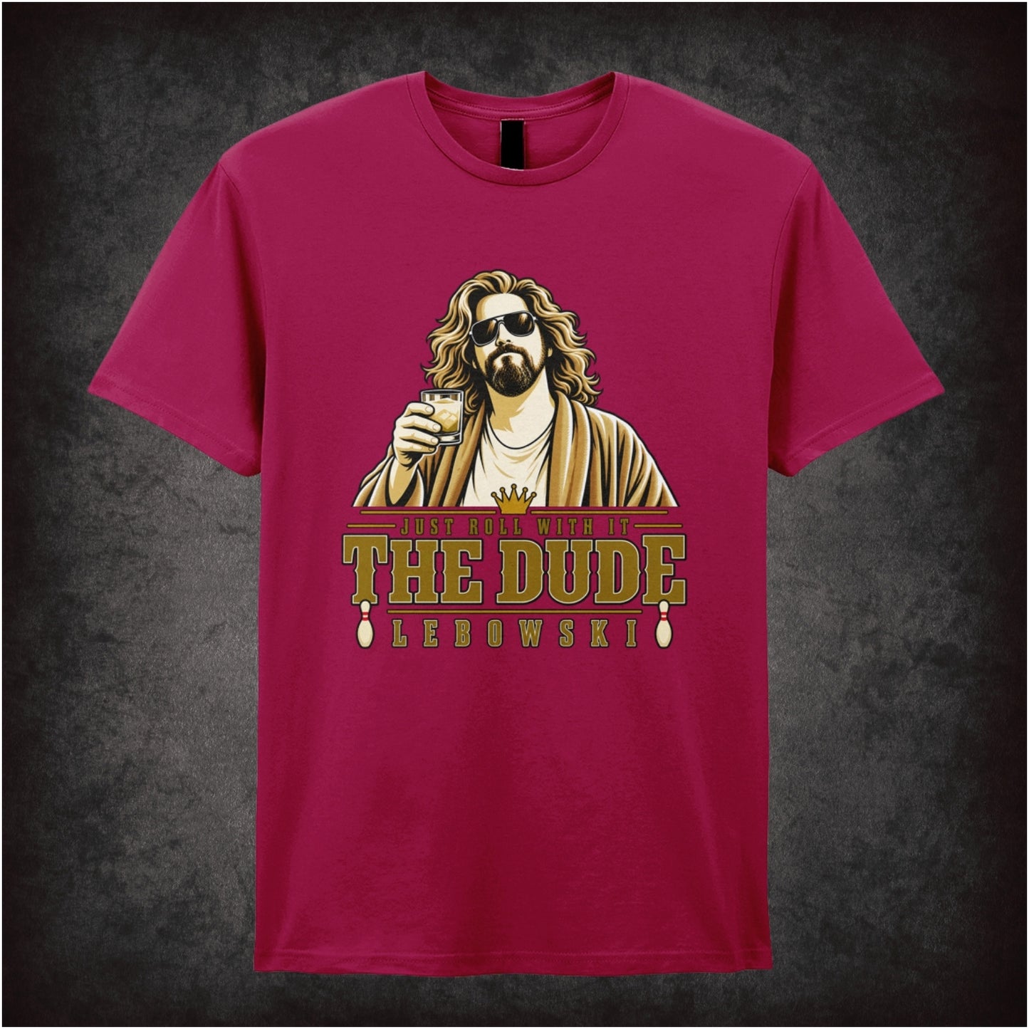 Just Roll With It The Dude T-shirt in cardinal red from The Big Lebowski