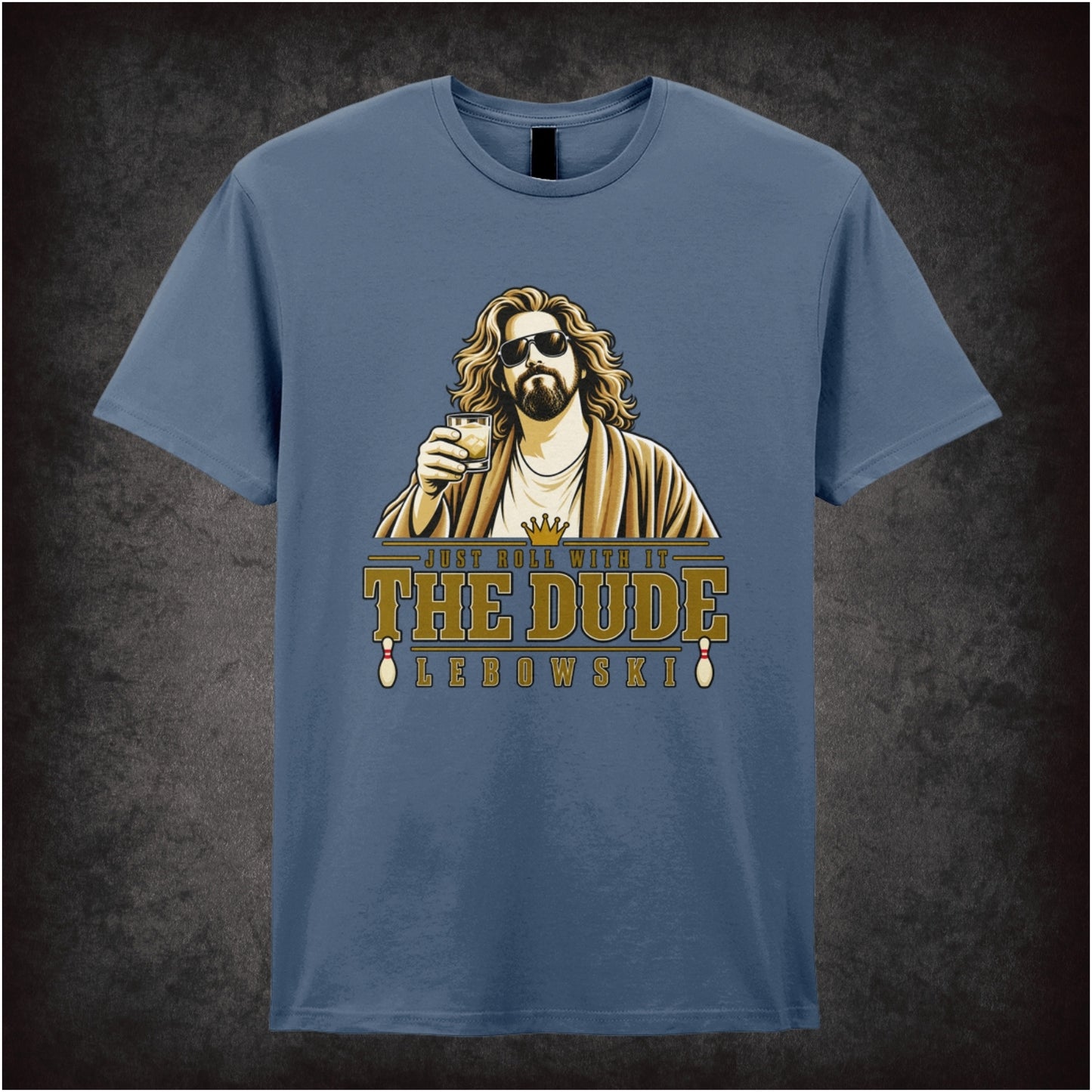 Just Roll With It The Dude T-shirt in indigo from The Big Lebowski