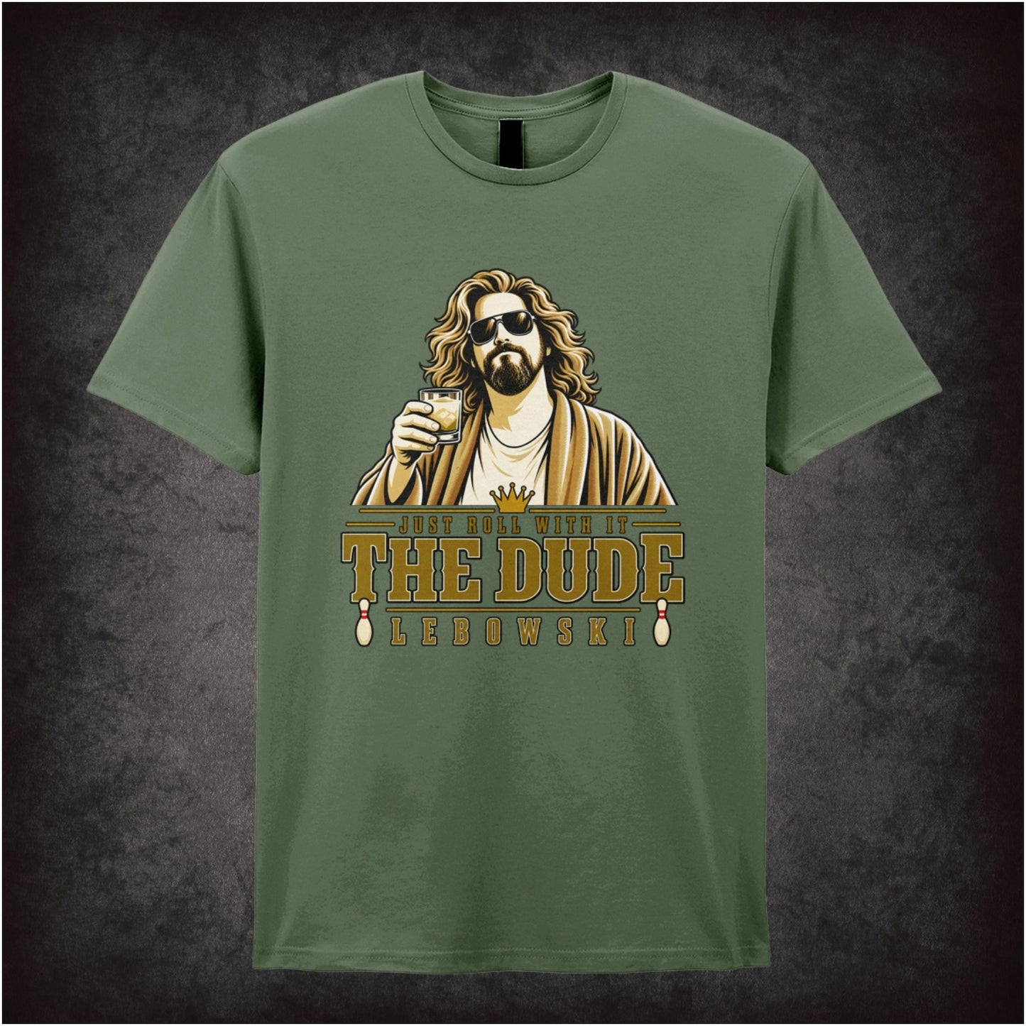 Just Roll With It The Dude T-shirt in military green from The Big Lebowski