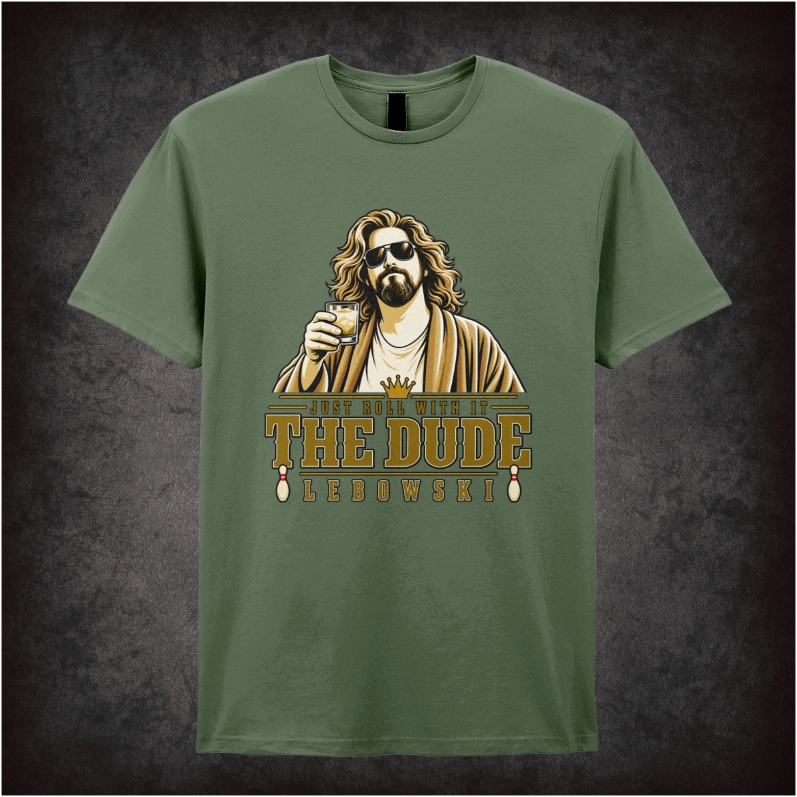Just Roll With It The Dude T-shirt in military green from The Big Lebowski
