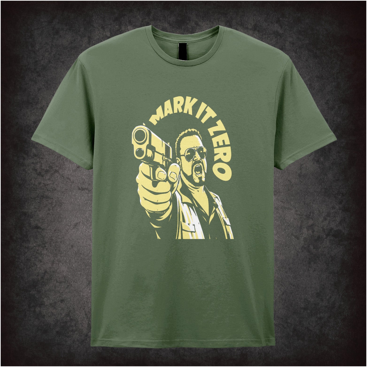 Walter Sobchak ‘Mark it zero’ T-shirt in military green from The Big Lebowski