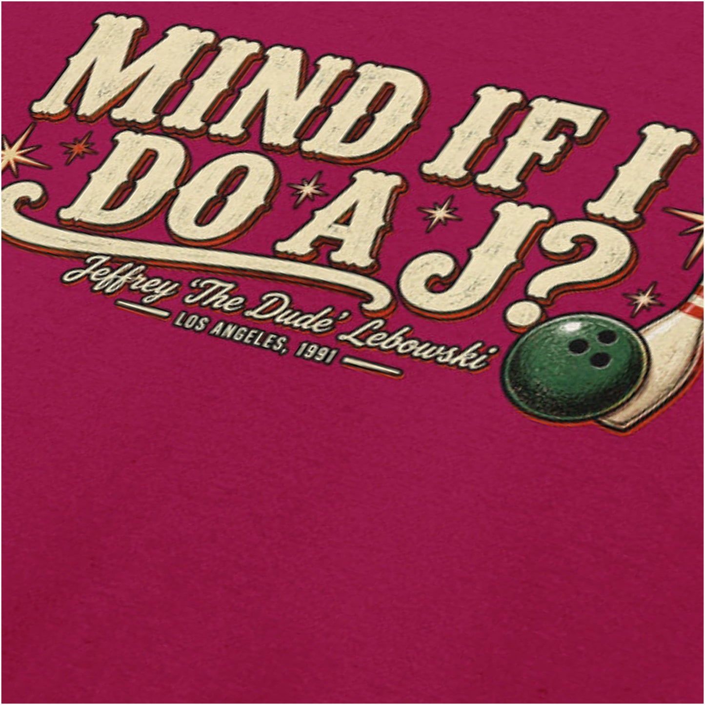 ‘Mind if I do a J?’ quote close up T-shirt in cardinal red from The Big Lebowski