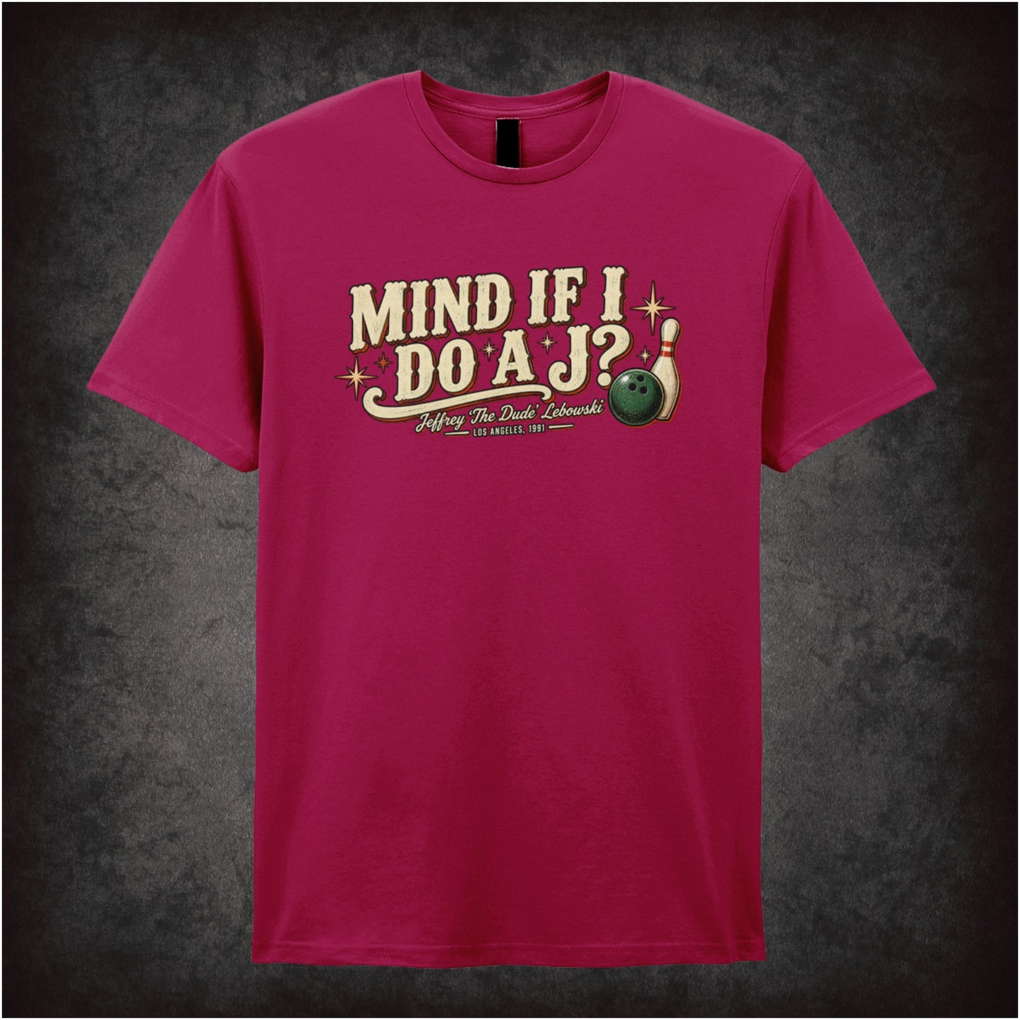 ‘Mind if I do a J?’ quote T-shirt in cardinal red from The Big Lebowski