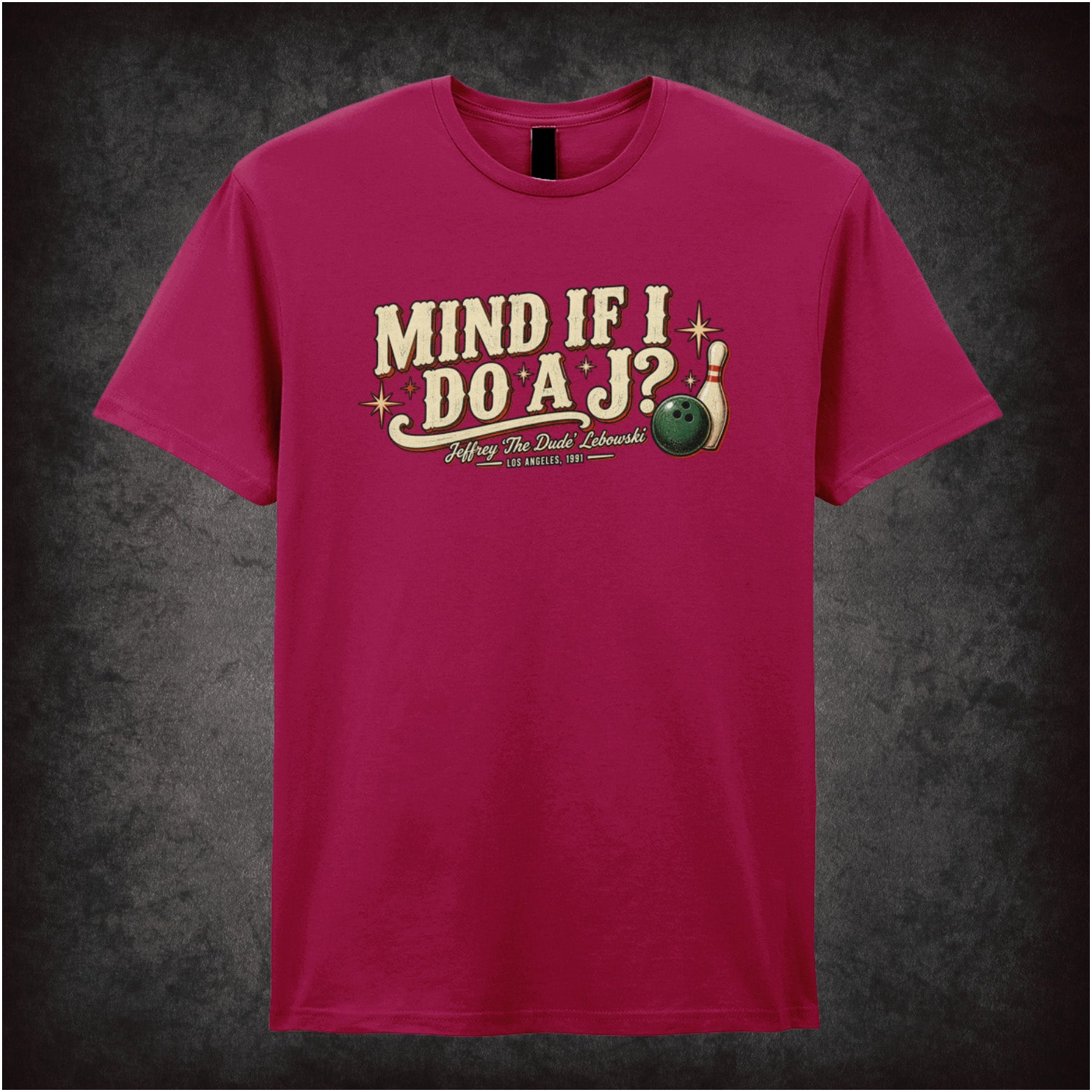 ‘Mind if I do a J?’ quote T-shirt in cardinal red from The Big Lebowski