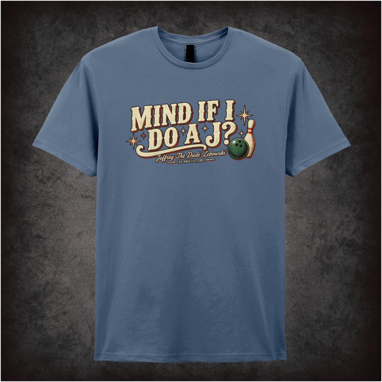 ‘Mind if I do a J?’ quote T-shirt in indigo from The Big Lebowski